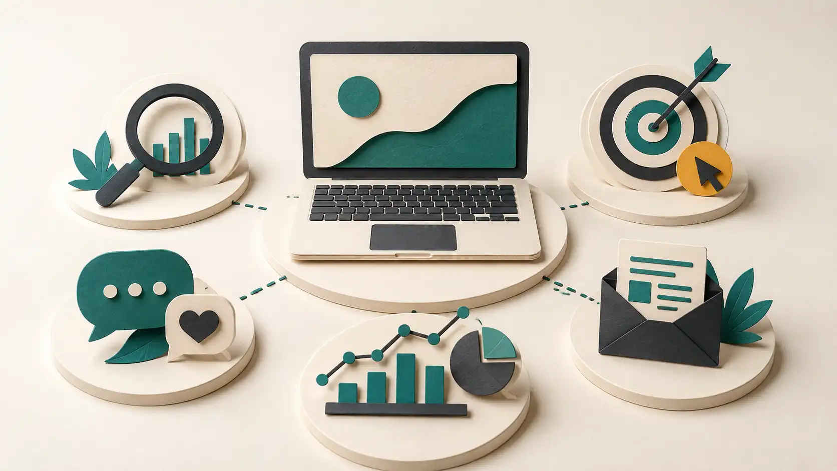 Illustration of SEO, PPC, social media, analytics and email marketing skills