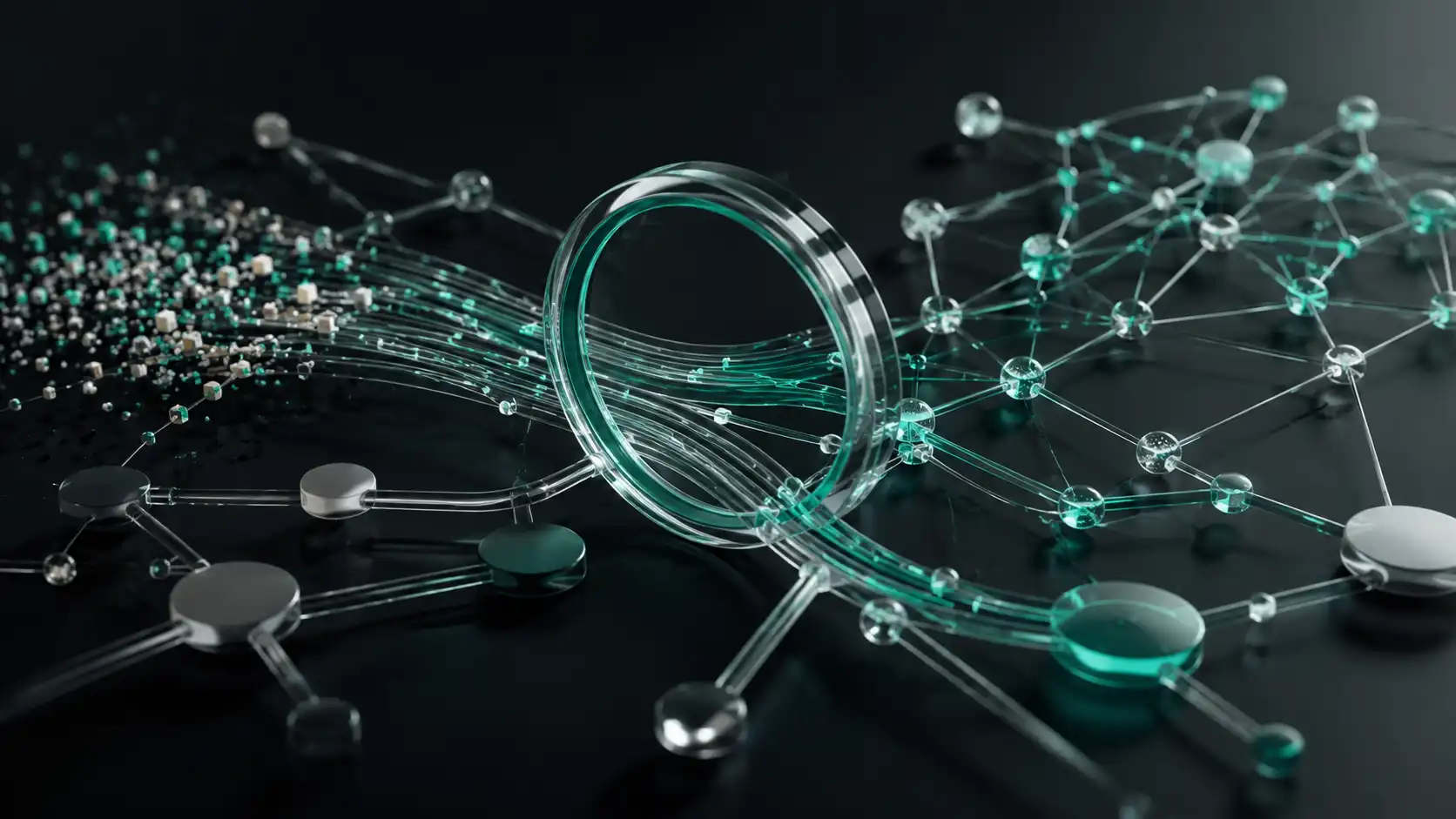 Abstract illustration of AI SEO search pathways, semantic nodes and automation