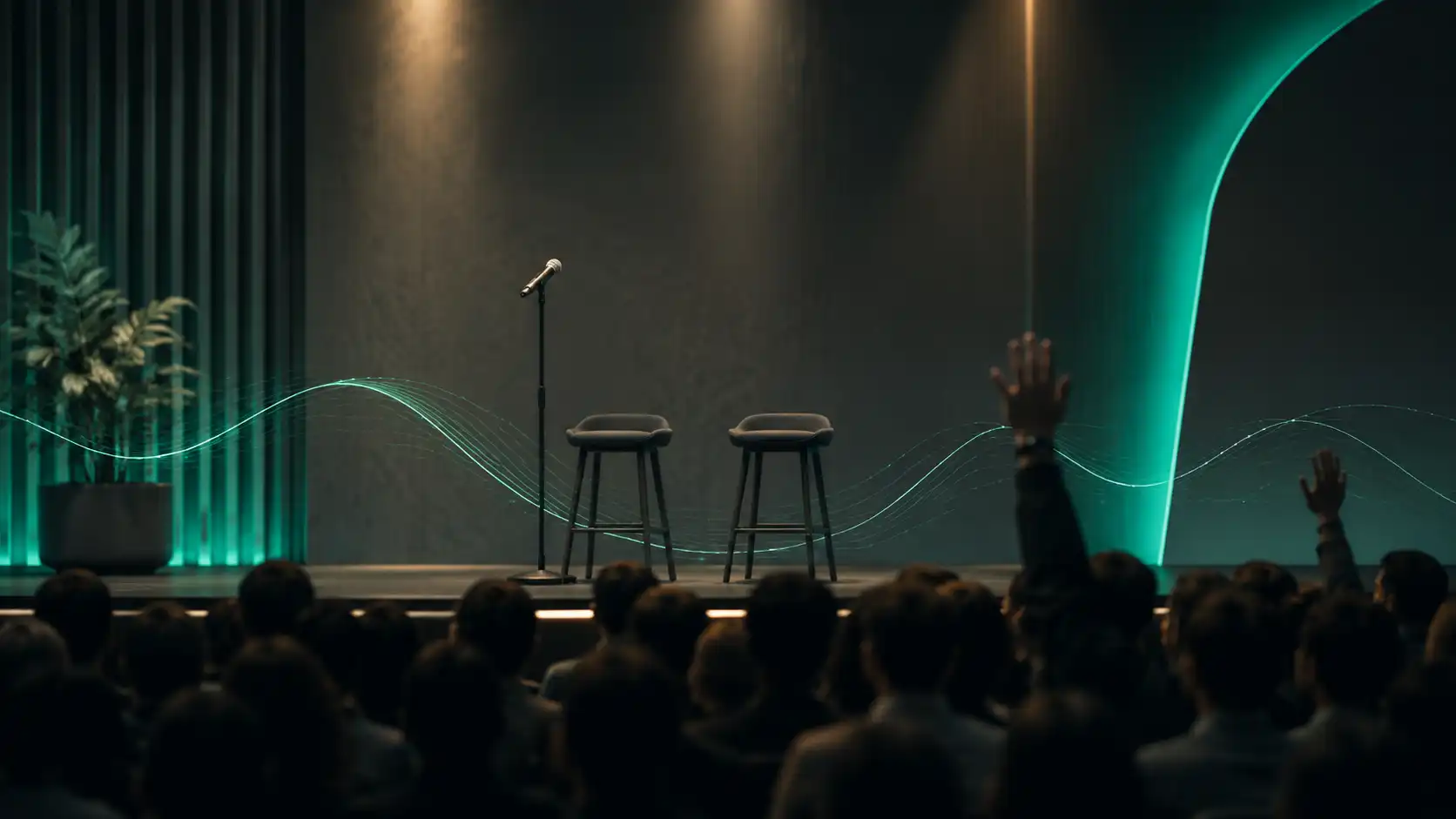 Editorial illustration of an interactive SEO conference AMA session with audience questions