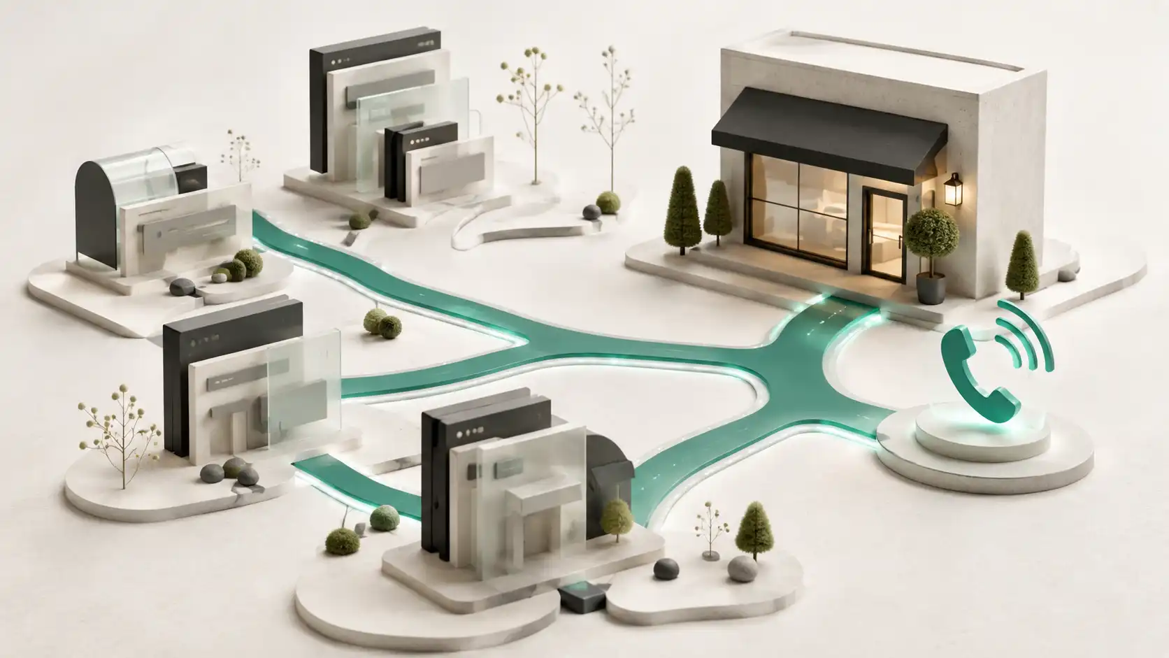 Editorial illustration of digital assets directing search traffic toward a business lead