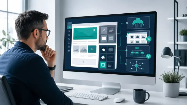 CMS and WordPress website platforms compared on a modern desktop workspace