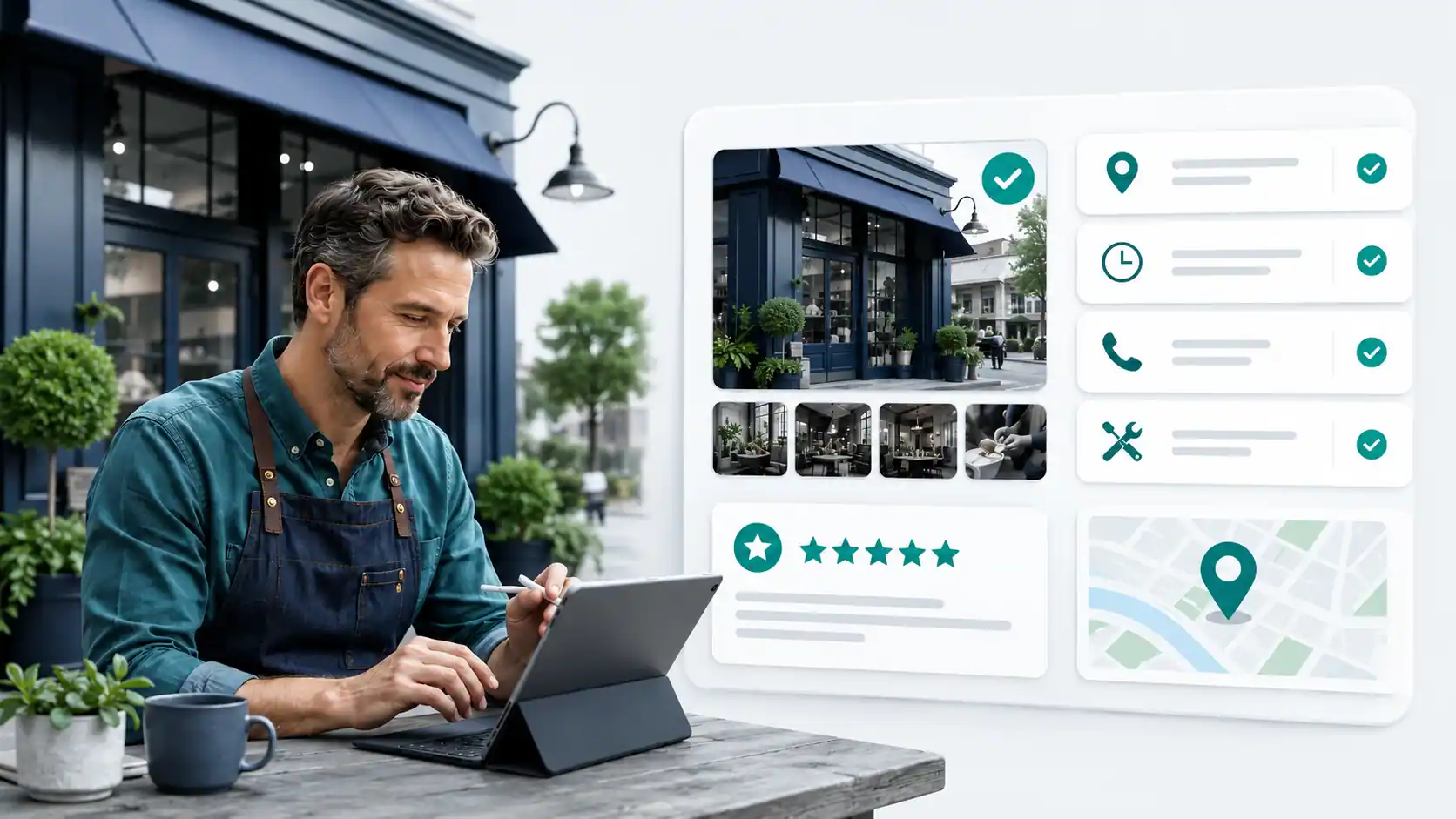 Business owner checking accurate Google Business Profile details including location, hours, phone, services, reviews, and photos