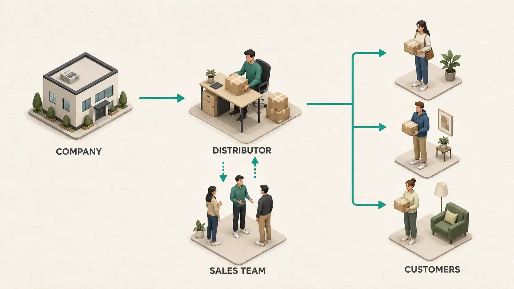 Diagram showing a company, distributor, retail customers and a sales team