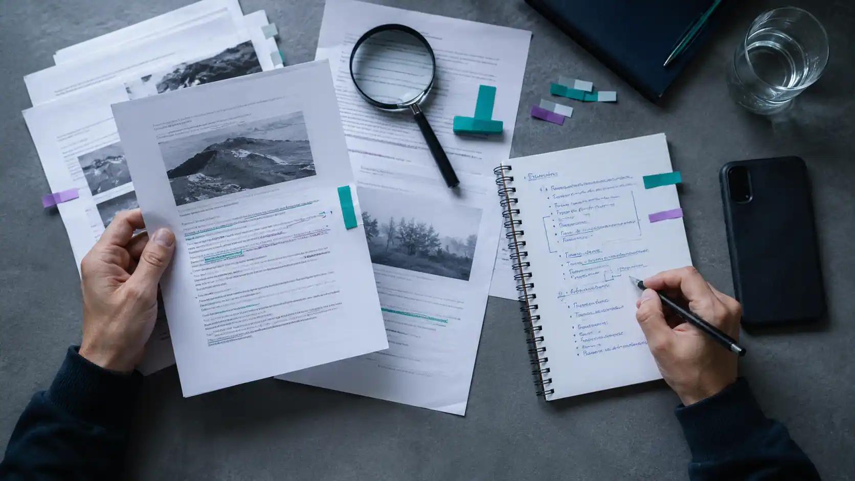 Human reviewing source documents and planning an AI-assisted SEO content workflow