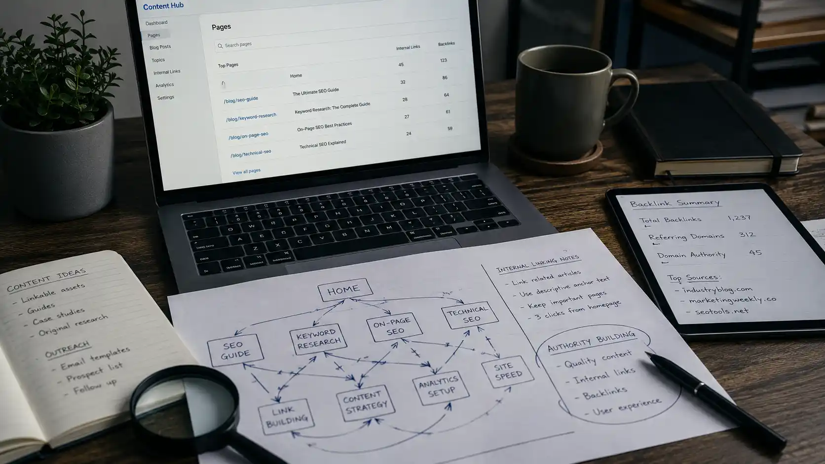 SEO content planning desk with an internal linking map, backlink summary, and authority-building notes.
