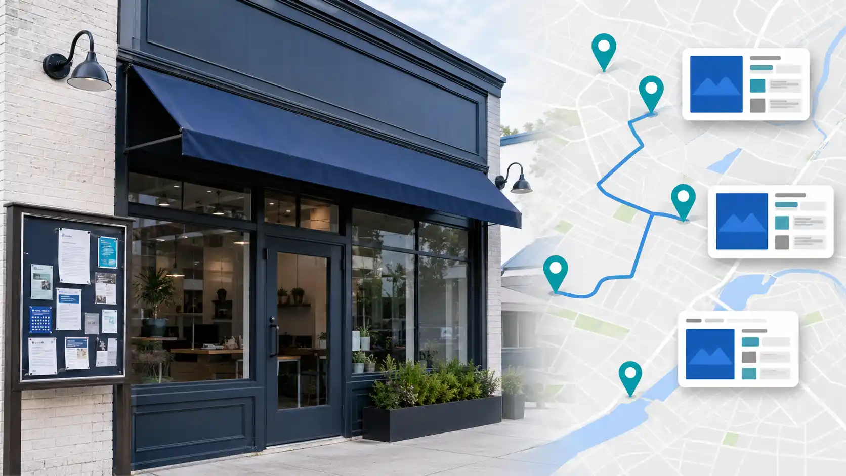 Neighborhood map, location pins, community notice, and phone representing local link-building resources