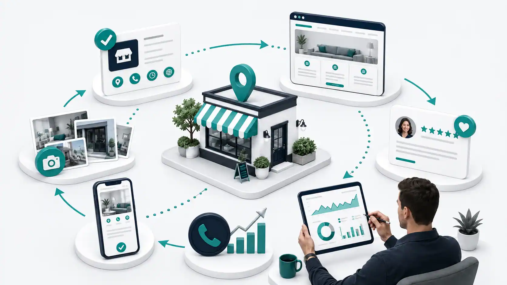 Local search workflow connecting business details, service pages, reviews, photos, mobile usability, and measurement