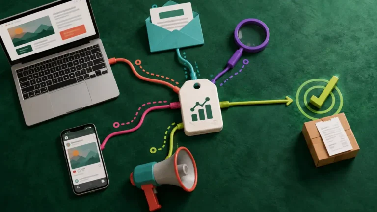 Marketing analytics visual connecting website traffic, conversions, campaigns, and business decisions