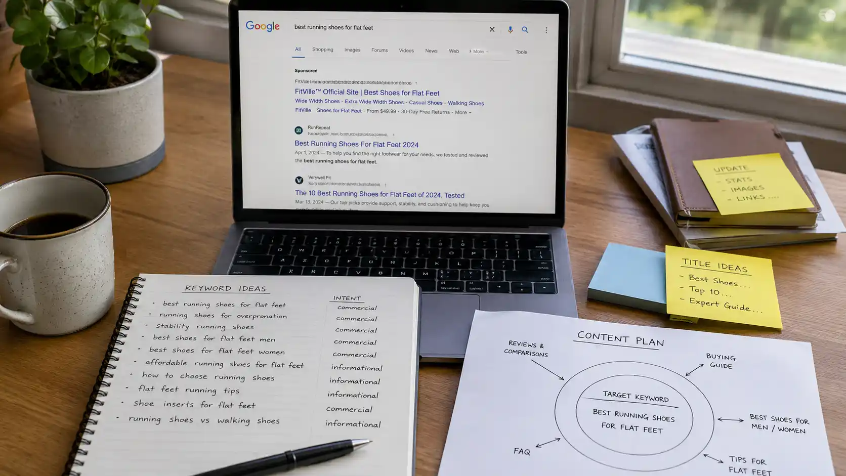 SEO keyword research workspace with search results, keyword ideas, and content planning notes on a desk.