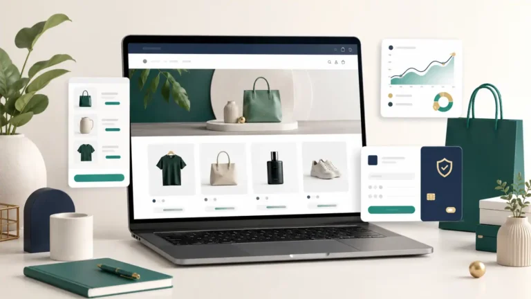 Shopify ecommerce planning workspace with an online storefront, secure checkout, and analytics