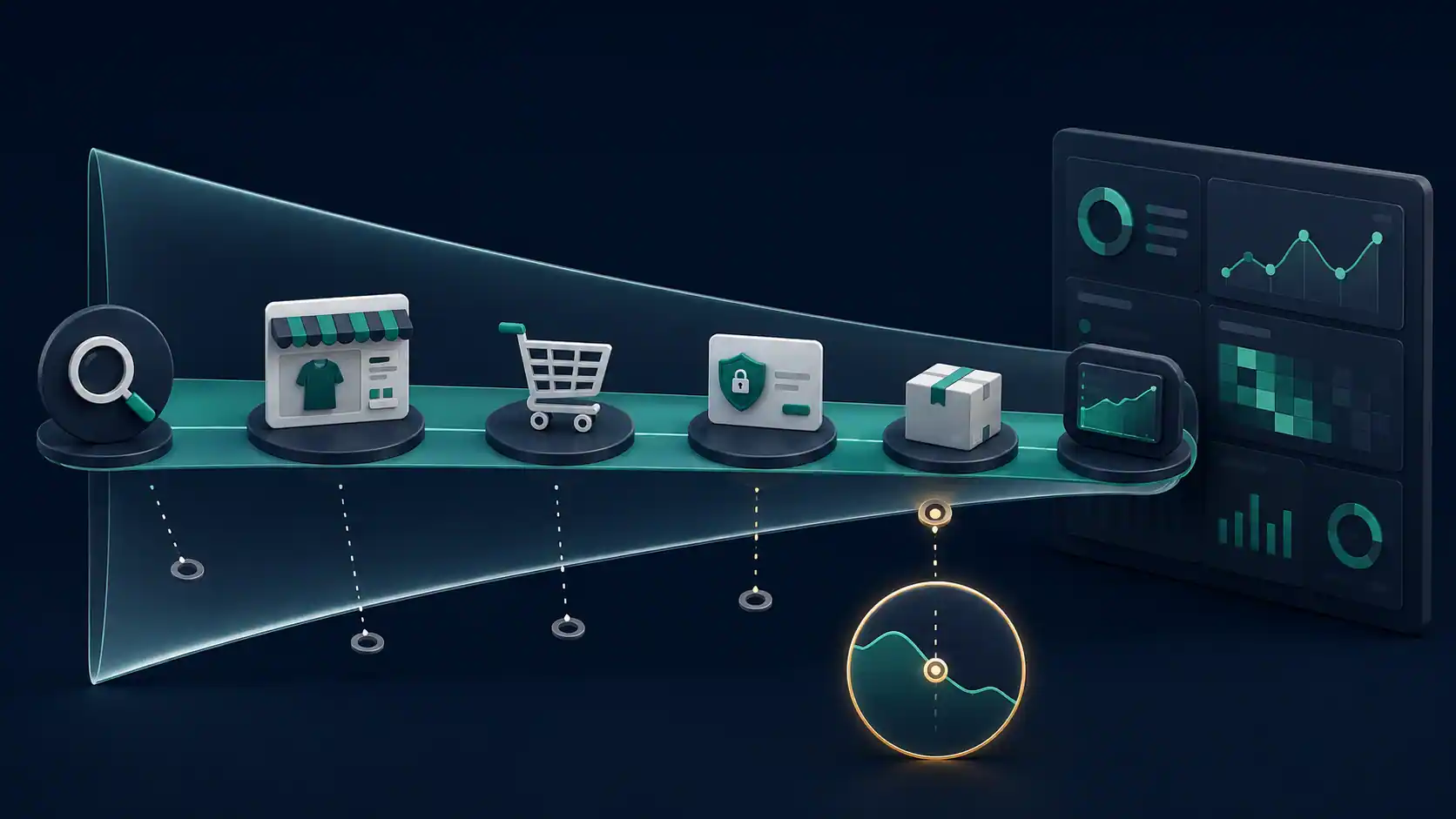 Ecommerce funnel showing discovery, product view, cart, checkout, purchase, and analytics drop-off points