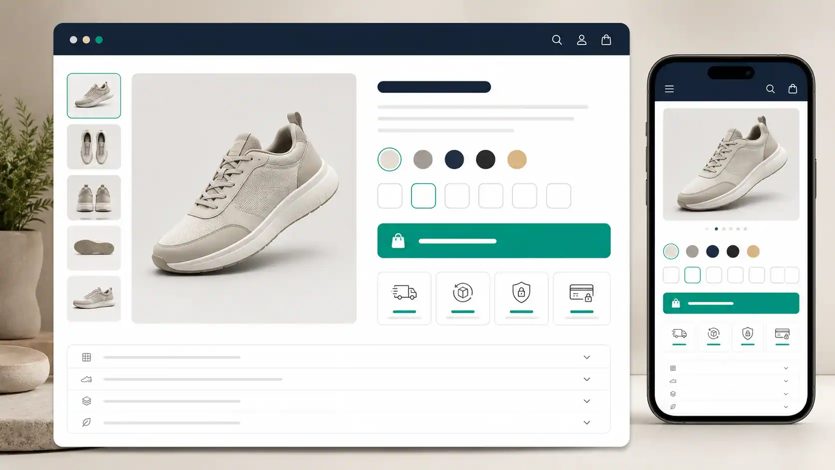 Desktop and mobile ecommerce product page with product media, options, delivery, returns, and add-to-cart controls