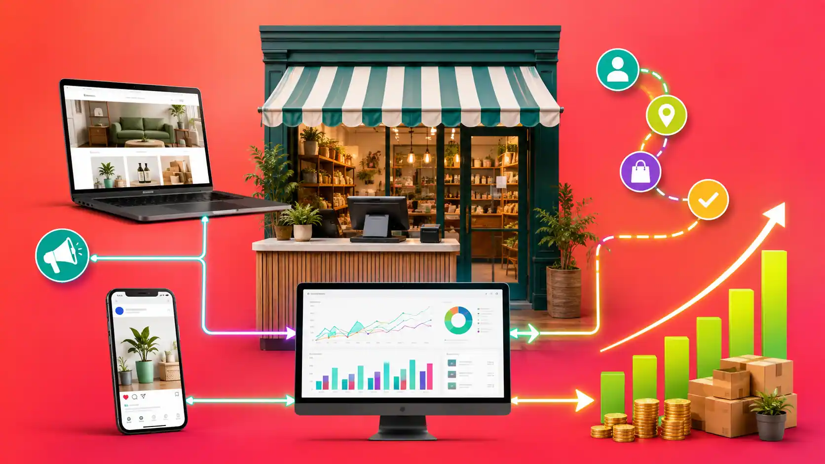 Marketing measurement funnel connecting visitors, leads, customers, revenue, and retention