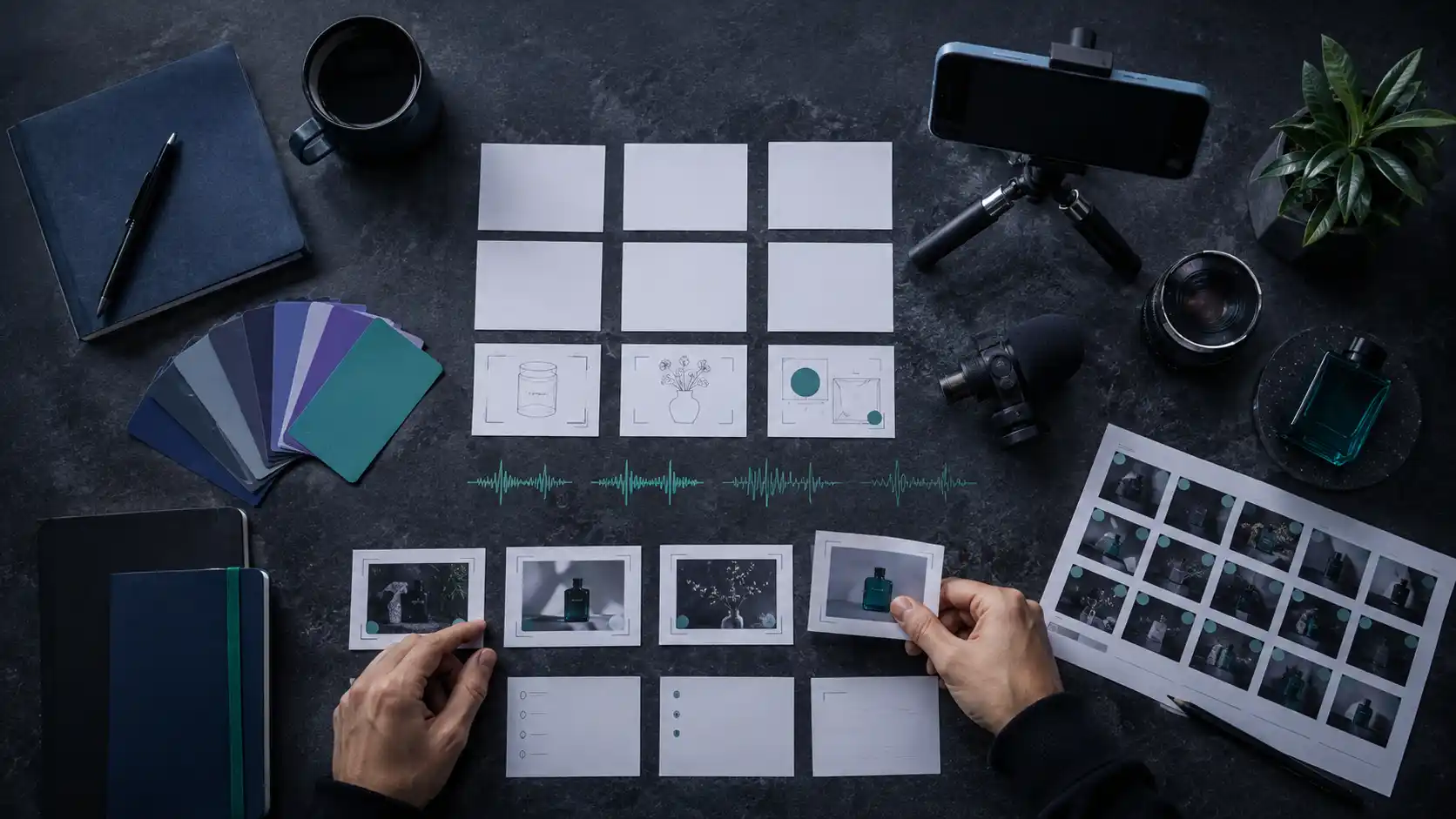 Overhead content studio with storyboard cards, camera, microphone, and product samples