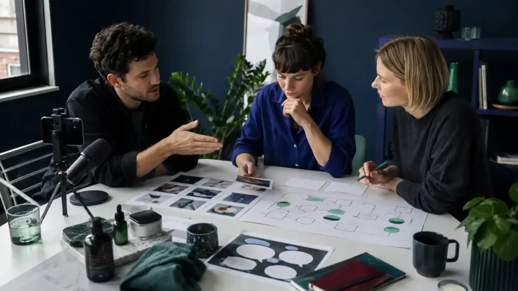 Small business team planning social media content across video, community, and website channels
