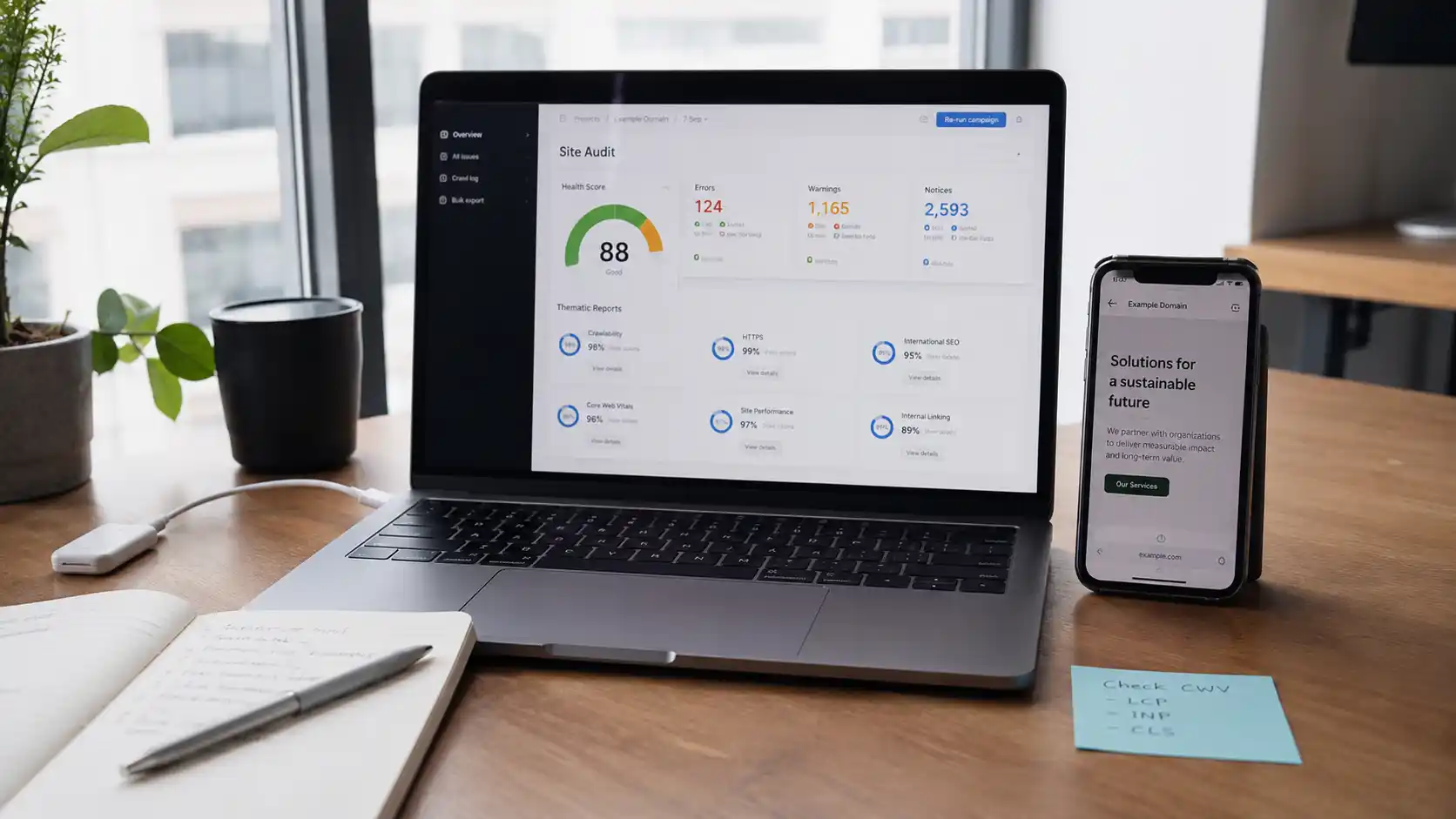 Technical SEO audit dashboard displayed on a laptop with notes about Core Web Vitals including LCP, INP, and CLS.