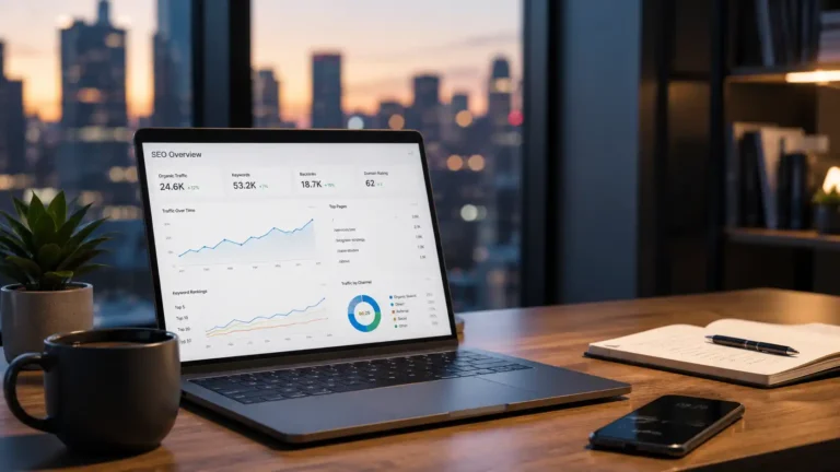 Laptop displaying an SEO dashboard on a desk in a modern office, representing SEO strategies to improve website rankings in 2026.