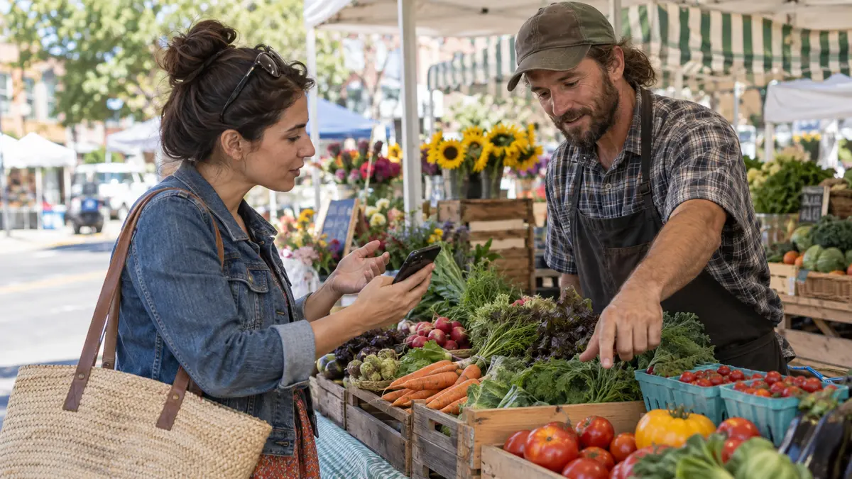 Farmers market customer using a phone while asking a vendor a product question