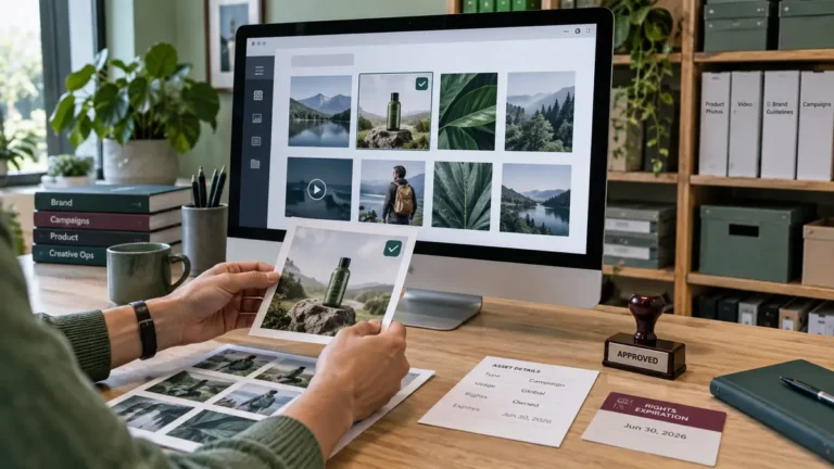 Enterprise digital asset library organizing images, video, brand files, approvals, and distribution channels