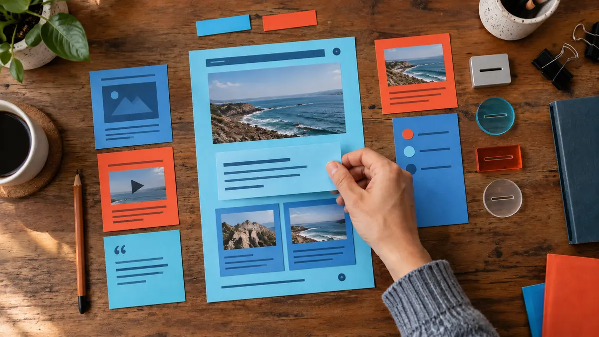 Editor arranging colored page sections in a physical website publishing workflow