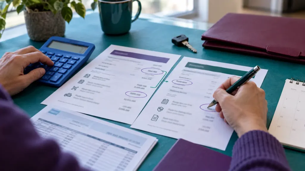 Business owner comparing total repayment, fees, payment frequency, collateral, and personal guarantee terms