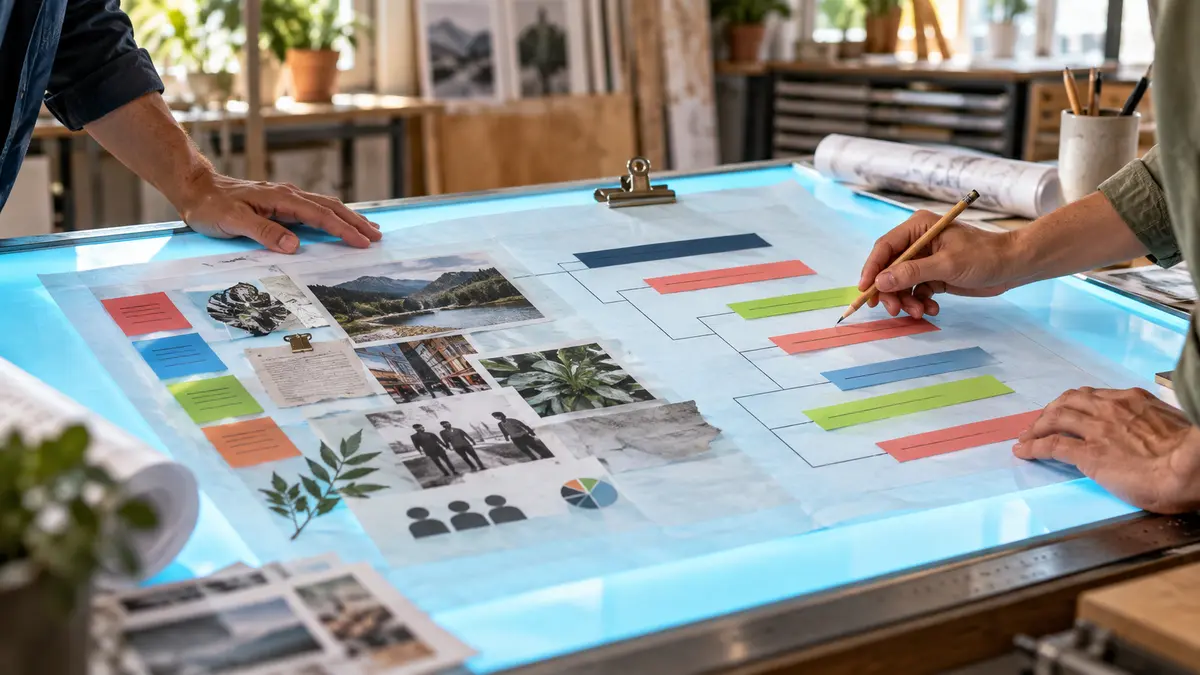 Two collaborators aligning content brief requirements with an article outline on a light table