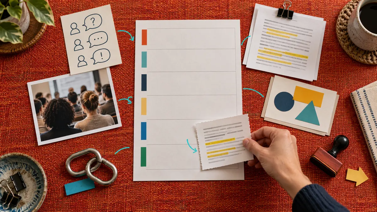 Audience questions, research sources, topic notes, links, and approval inputs assembled into a content brief