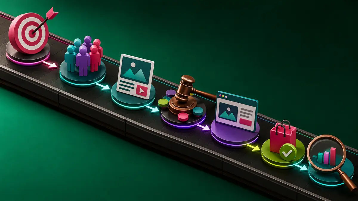 Digital advertising workflow from campaign goal and audience to ad delivery, conversion, and review