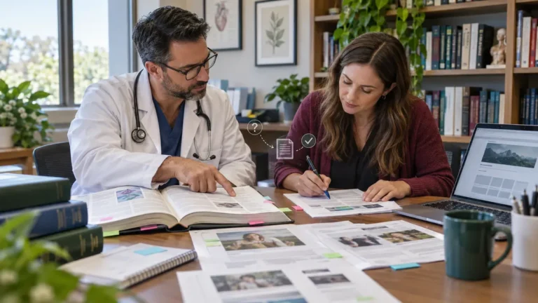 Healthcare team reviewing patient education content, medical sources, and a website publishing plan