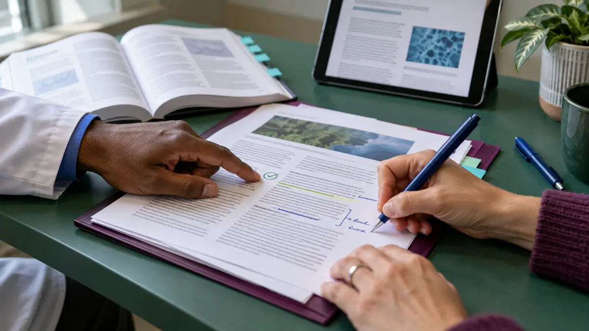 Clinician and editor checking healthcare content for accuracy, clarity, sources, and patient safety