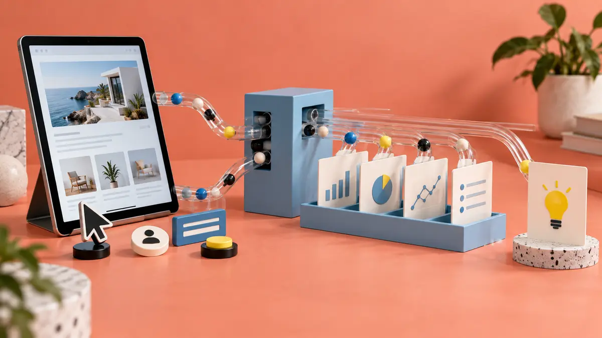 Website interactions moving through data collection and reporting before an action is taken