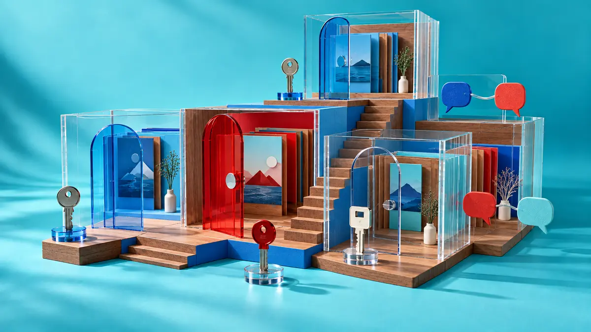 Architectural model with keys, separate access areas, and paired speech bubbles representing multilingual permissions