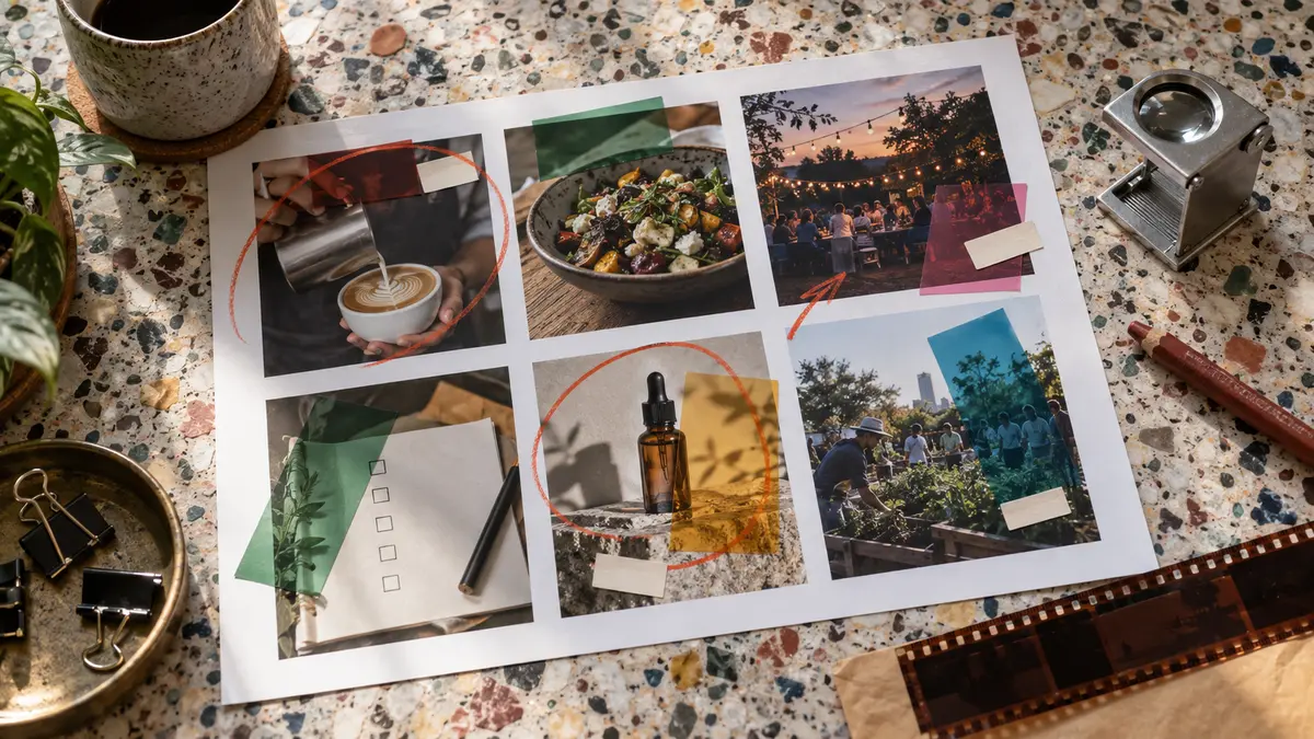 Printed social media posts reviewed with colored overlays on a terrazzo work surface