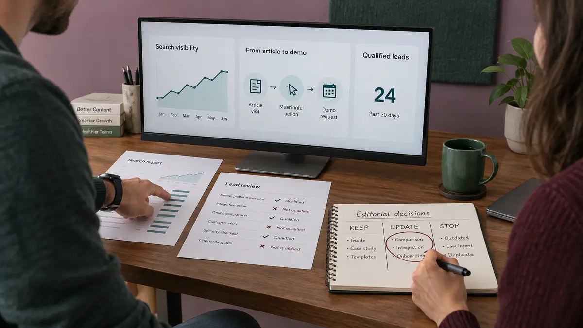Startup team reviewing content search visibility, qualified leads, conversion paths, and follow-up notes