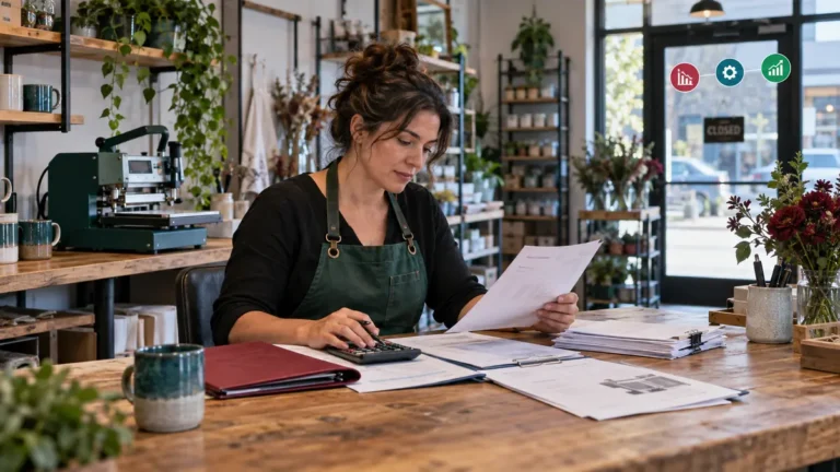 Small business owner comparing funding options, cash flow, invoices, and equipment costs after a credit setback