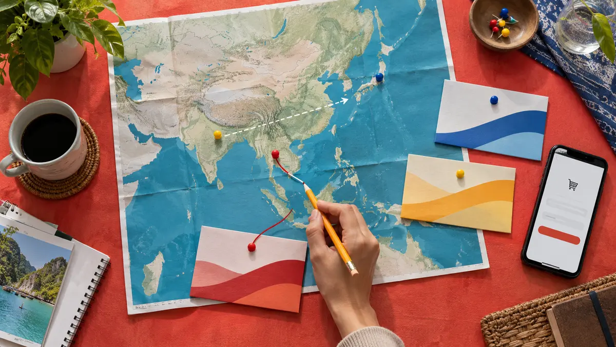 PPC campaign planning across Asian markets using a map, location pins, and a mobile checkout