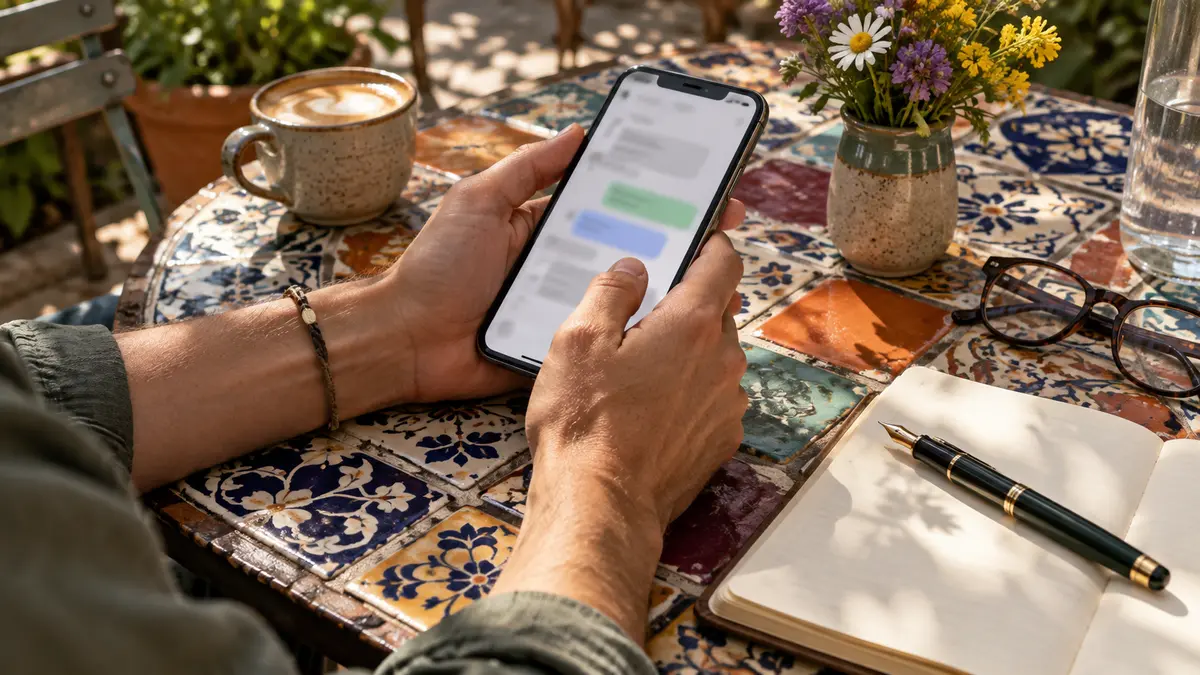 Person responding to an audience comment on a phone at a colorful café table
