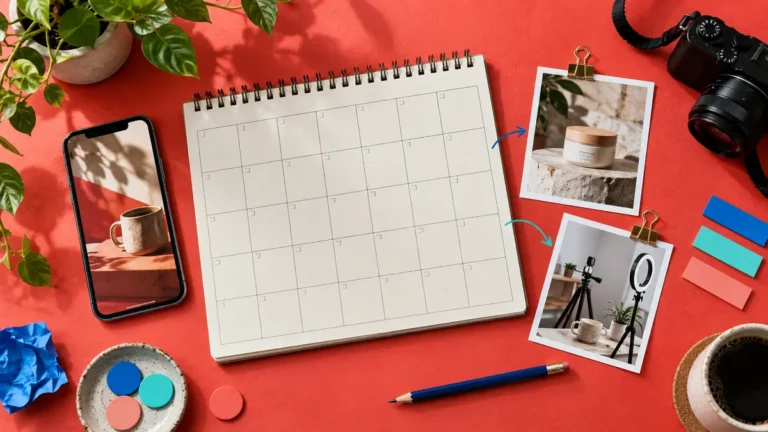 Thirty-day social media content calendar with planned photo, video, production, and review tasks
