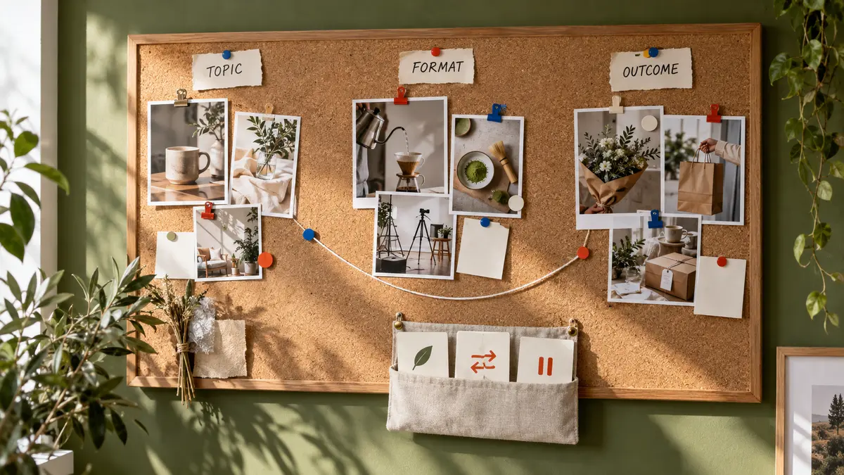 Monthly social media posts grouped by topic, format, and outcome on a physical review board