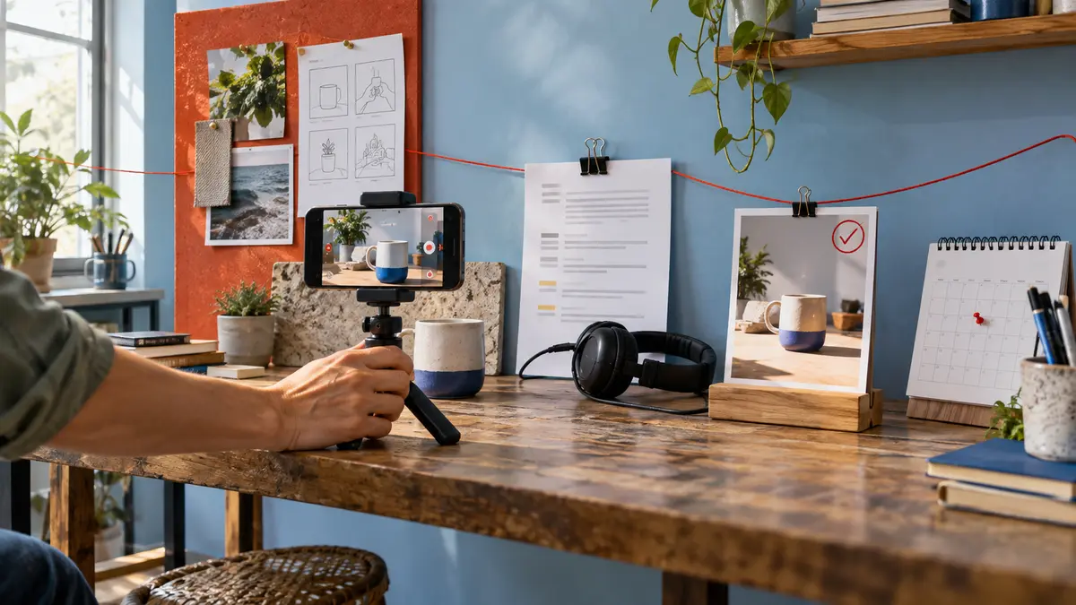 Social media production workflow with source notes, filming, captions, approval, and scheduling