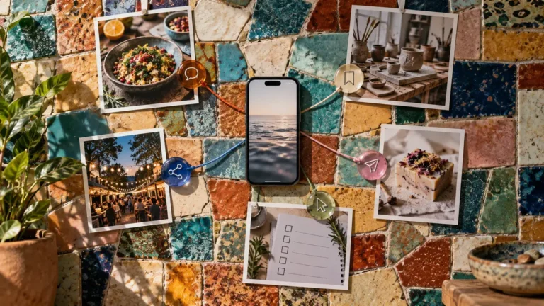 Printed social media content connected to audience response markers on a colorful mosaic wall