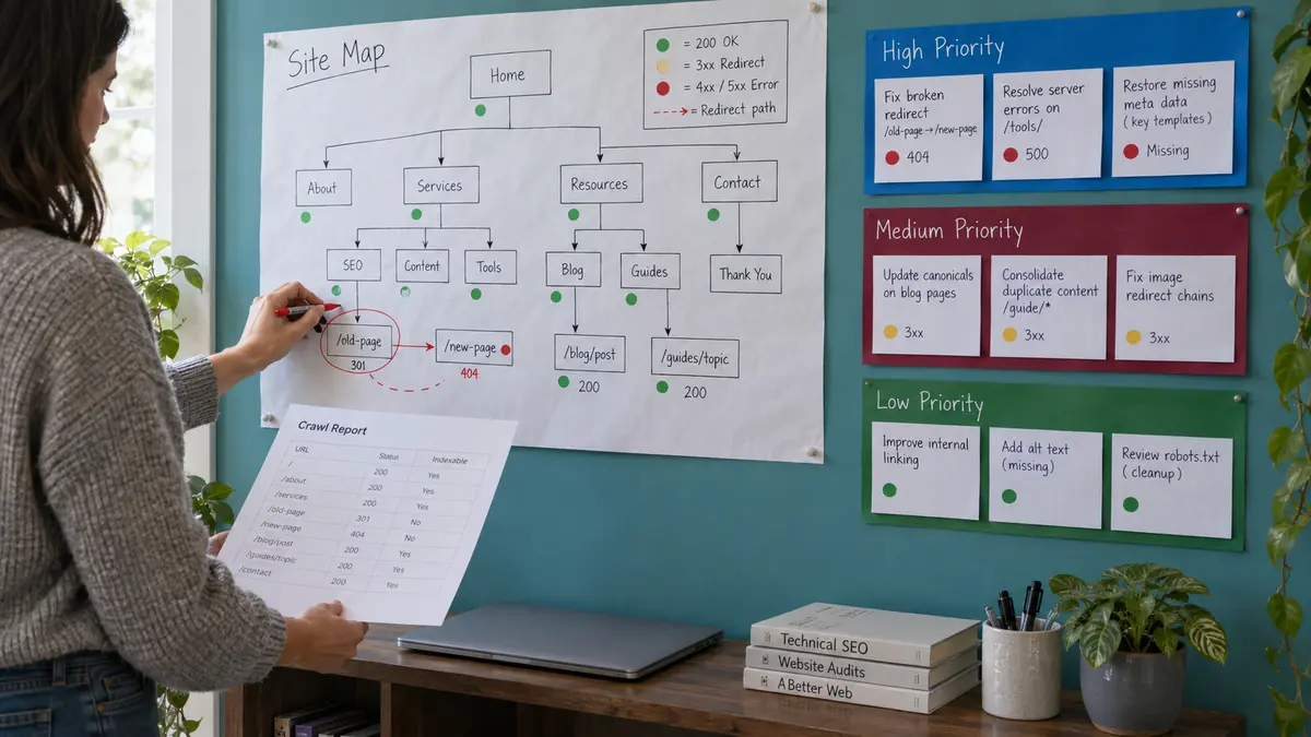 Technical SEO audit review with a crawl report, URL checks, redirects, and prioritized fixes