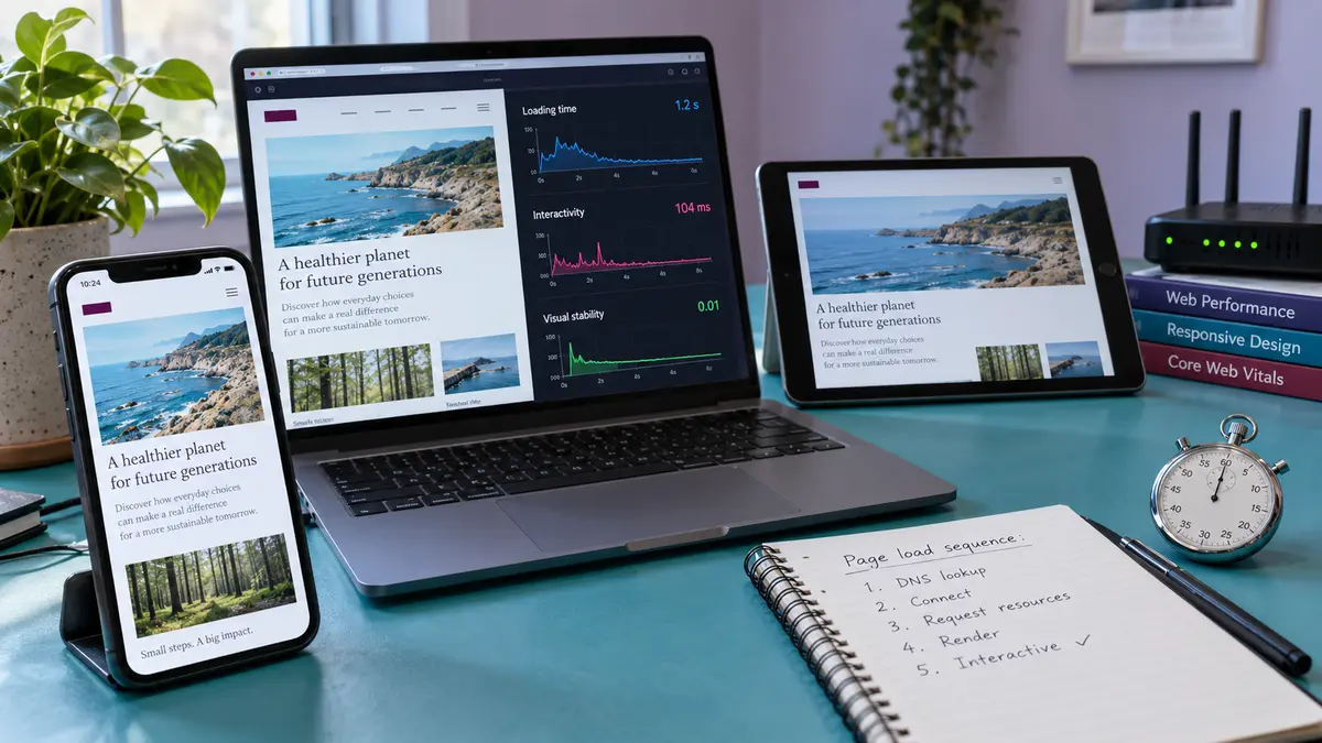 Desktop, tablet, and phone being tested for website speed, responsiveness, and layout stability