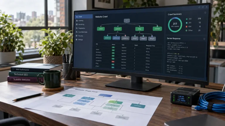 Technical SEO workspace with a website crawl map, browser diagnostics, and server status checks