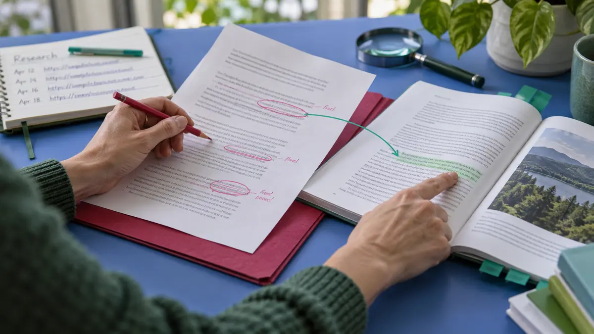 Editor checking an AI-assisted draft against original sources and documented claims