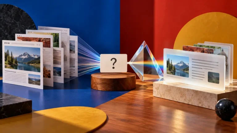 Traditional search results and an AI search response represented by source pages and a glass prism