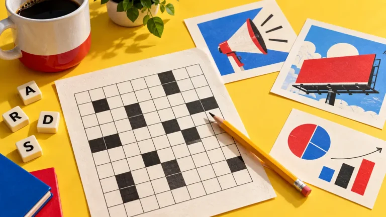 Crossword grid and advertising materials representing the ADBIZ answer