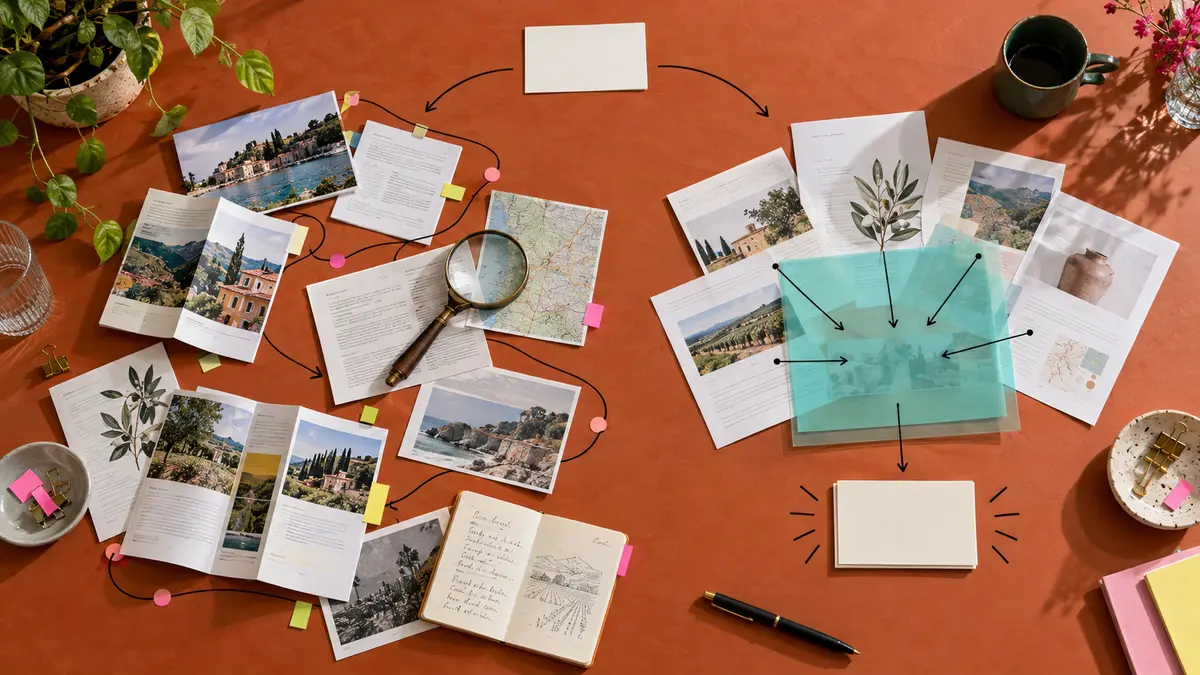 One search question branching into manual source comparison and an AI-assisted synthesis