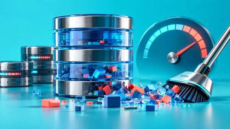 WordPress database optimization shown with a cleaned data stack and faster performance gauge