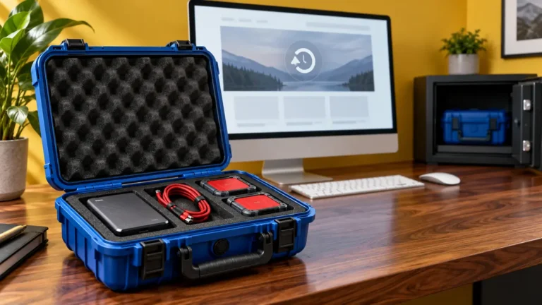 WordPress website backup workstation with protected storage copies and a restore display